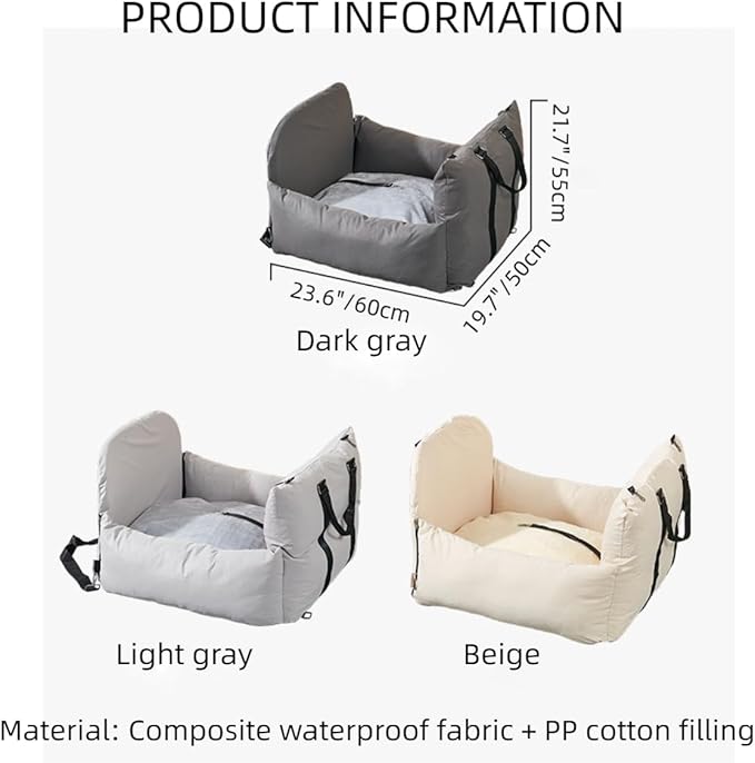 MANON ROSA Dog Car Seat Booster Sofa Cushion Travel Bed Pet Detachable & Washable Carrier Bag with Clip-On Safety Leash for Small & Medium Dogs (Light Gray)