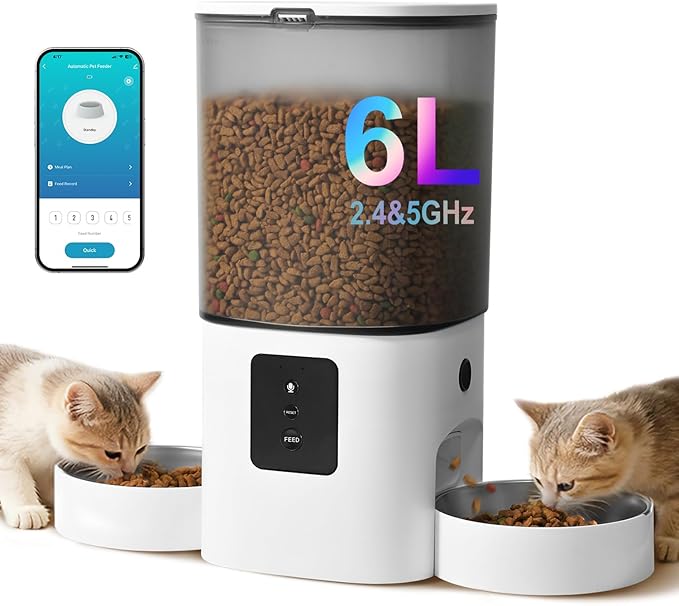 2.4G/5G WiFi Automatic Cat Feeder, 6L Food Dispenser with 10s Voice Recorder, Double Bowls Pet Feeder up to 10 Meals per Day, Timed Cat Feeder with Dry Food Sealed Ring