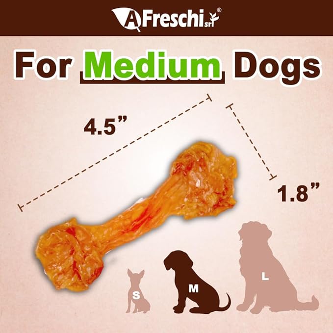 AFreschi Turkey Tendon of Dog Bones Shape, USA-Sourced, Limited-Ingredient, Rawhide-Free, Long-Lasting, All-Natural Dog Treats for Medium Dogs, 20 Count Box (M)