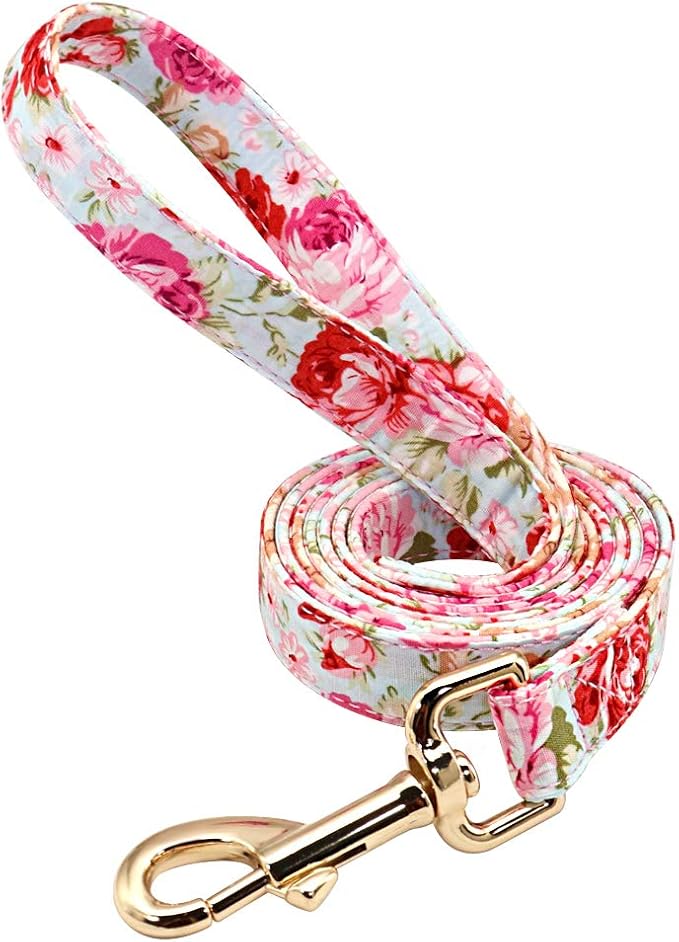 Personalized Floral Dog Collar and Leash Set Custom Small Medium Large Dog Pet ID Collar Lead Flower Print Dog Engraved Collars Pink Leash L