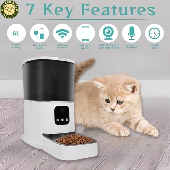 ROGER PET Smart Automatic Pet Feeder with Camera and Dispenser, Wi-Fi Automatic Cat Feeder with APP Control and Timer, Two Way Audio Video Clear Night Vision, Automatic Dog Feeder - Pet Supplies.