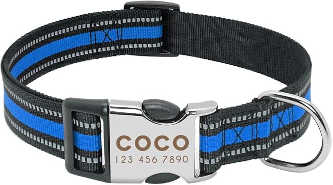 Custom Pet Dog Collar Leash Reflective Nylon Small Dog Puppy Collars Personalized Pitbull Medium Large Dog Collar Engrave Name Blue S