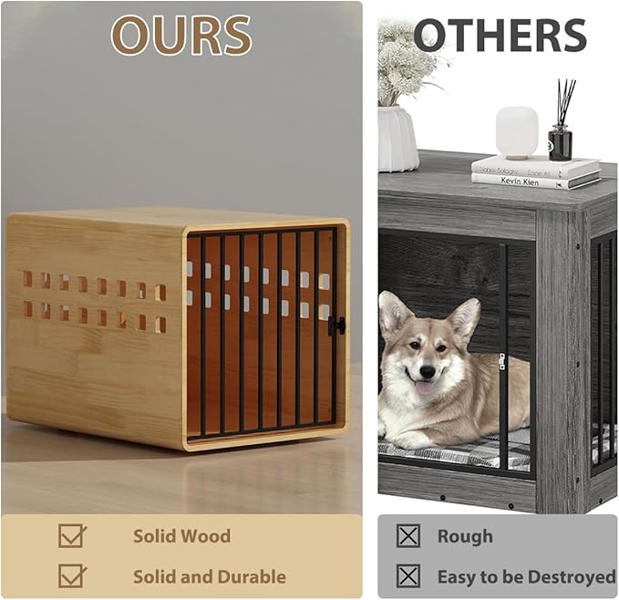 Wooden Furniture Dog Crate for Medium & Small, Solid Wood Puppy Crates for Small Indoor, Decorative Dog Kennel Indoor with Door, Pet House End Table for Bedroom, Living Room, Natural
