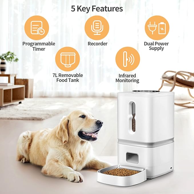 Automatic Dog Feeder Cat Feeder Pet Dry Food Dispenser,7L Auto Feeder for Cat & Small Dog, Portion Control & Voice Recording,4 Meals Per Day with Stainless Steel Bowl,Dual Power Supply