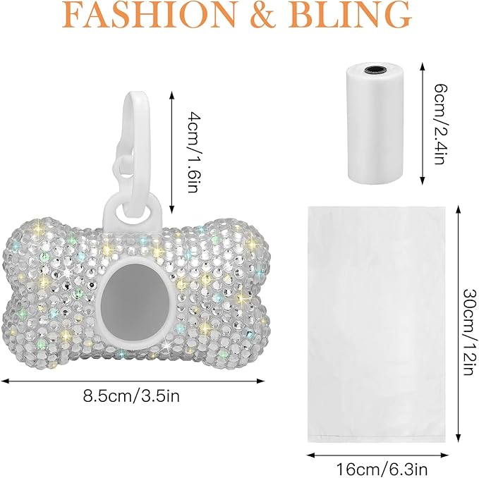 SAVORI Dog Poop Bag Holder Bling Crystal Dog Waste Bags Dispenser for Pet Dog Doggy with Carabiner Clip Includes 1 Roll 15 Bags (White)