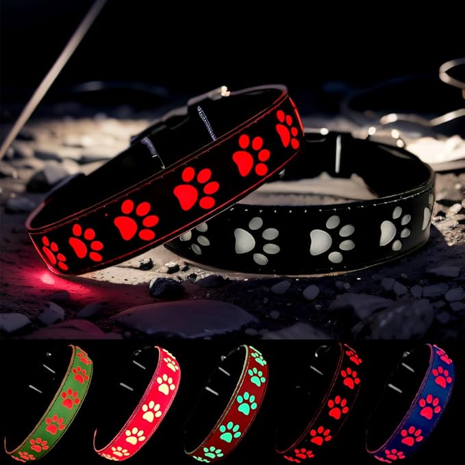 LED Light Up Dog Collar, USB-C Rechargeable, Multicolor Paw Print Design, 15 Modes Lighting Night Safety (Black, L(15.7-19.7"))