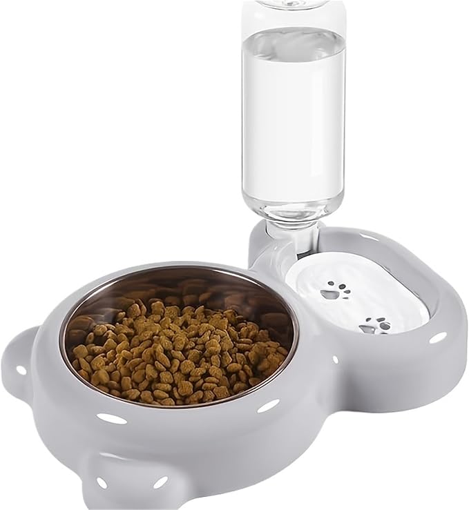 Compatible for Cats and Dogs, Automatic Water Dispenser Bottle with Double Feeding Bowl Set(Light Grey)