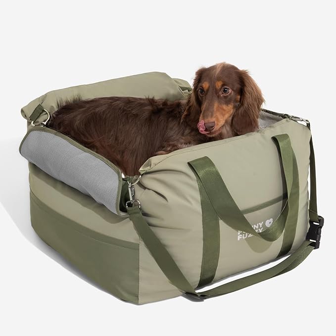 FUNNY FUZZY Waterproof Dog Car Seat for Small & Medium Dogs Up to 35lbs, Detachable & Washable Pet Booster Seat with Leash, Thick Cushion, Storage Pockets & Adjustable Straps (Green)