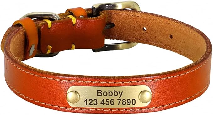 Personalized Leather Dog Collar Custom Dog Collars Leather Gold Buckle Pet ID Collar for Small Medium Large Dogs Dobermann Light Brown 2XL