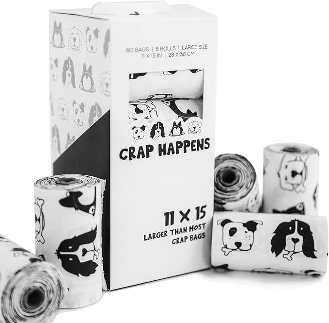 EXTRA Large Dog Poop bags | CRAP HAPPENS | 11x15 inches | Animal Bags for Waste | Leakproof and Odorless (High Density Polyethylene)