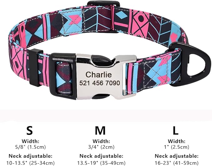 Personalized Dog Collar Nylon Print Dog Collars Customized Puppy Pet Collar Engraved Name ID for Small Medium Large Big Dogs Pug 160 Rose M
