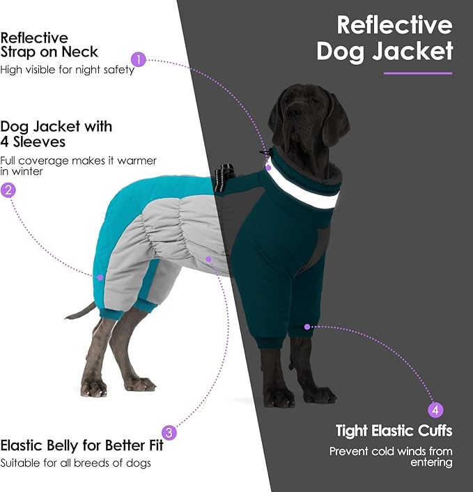 SUNFURA Full Body Dog Coat - Warm Fleece Jacket for Large Dogs, Turtleneck Winter Coats with Harness, Reflective Dog Snowsuit Windproof Puffer Jackets with Legs for Weimaraner, Turquoise XL