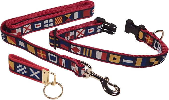 Preston Ribbons Dog Collar and Leash Set, Nautical Code Flag, Medium and Large Dogs, Free Matching Key Ring (Large, 1 1/4 Inch Width)