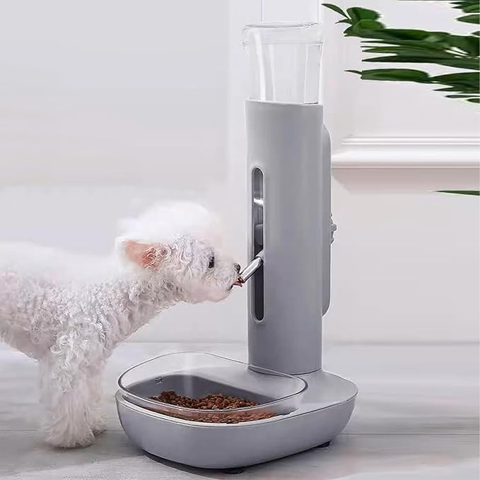 Pet Standing Water Dispenser, 680ml Automatic Feeding Water Height Adjustable Cat Dog Standing Bowl Drinking Bottle Feeder Detachable Hanging Pet Food Feeder for Small Cats Dogs (Gray)