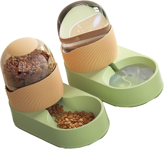 Automatic Cat Feeder and Water Dispenser,Pet Food Feeder and Waterer Set Pets Cats Dogs Automatic Waterer and Food Feeder for Small Medium Cats Dogs Big Capacity (Green Orange)