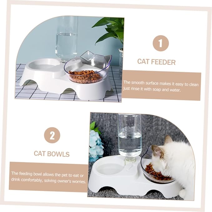 Dual-Bowl PET Feeder Set Automatic Water Dispenser 15° Tilted Cat and Dog Food Bowls for Small to Medium Pets