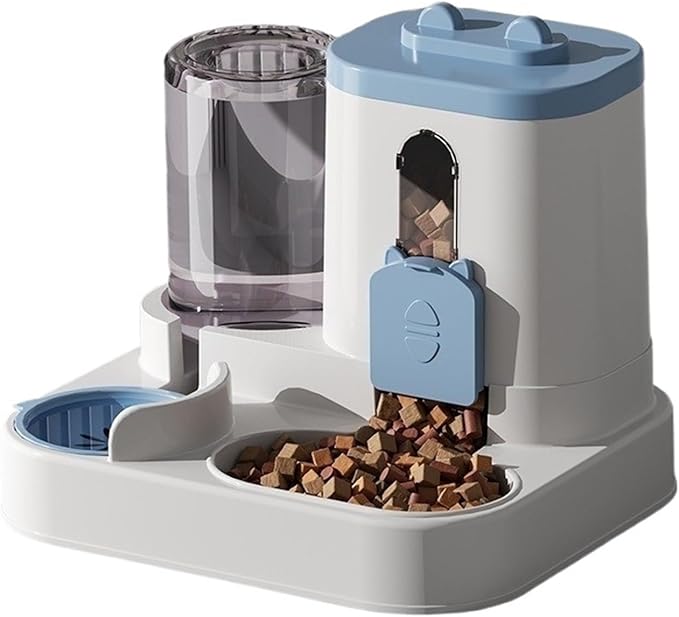 Automatic Dog Cat Feeder and Water Dispenser Gravity Food and Waterer Set with Pet Bowl Universal Products(Blue1)