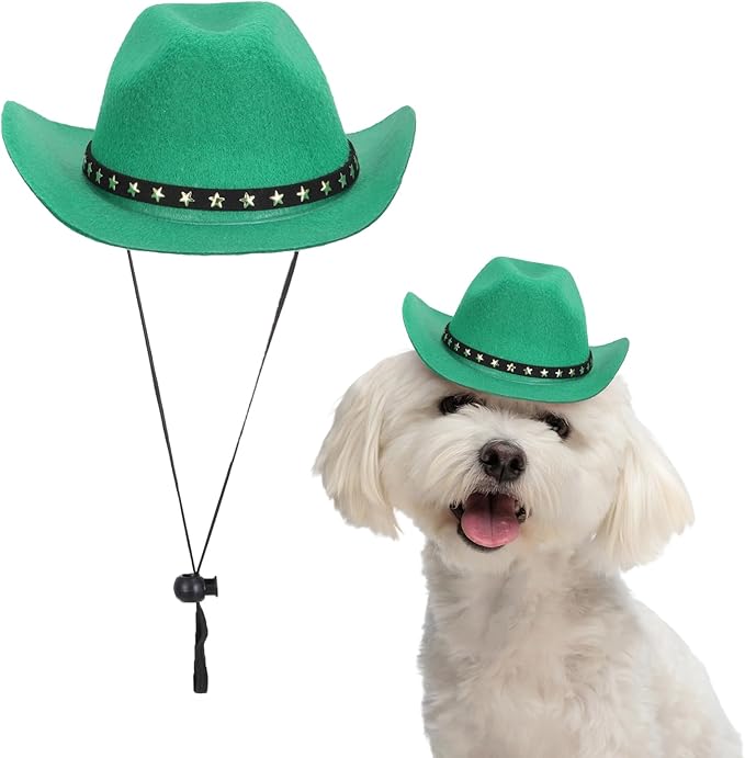 Dog Cowboy Hat, Mini Cowboy Hat for Pet with Chin Strap Adjustable Cosplay Cap, (Green, M), Intended for Dogs and Cats/Halloween Costume/Party Decoration