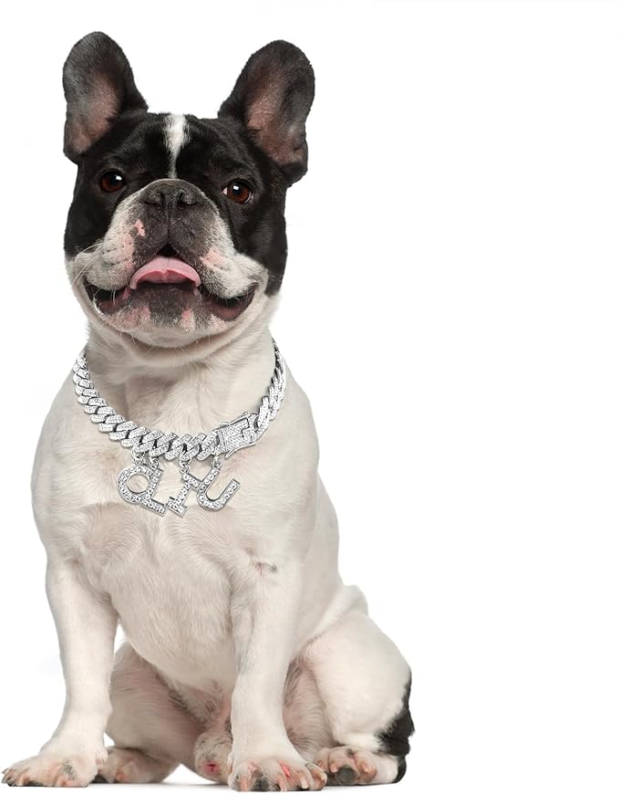 MUMUPET Custom Dog Collar Chain Golden Diamond Name Letters Cuban Style Collar Jewelry Secure Buckle Small Medium Dog Accessories