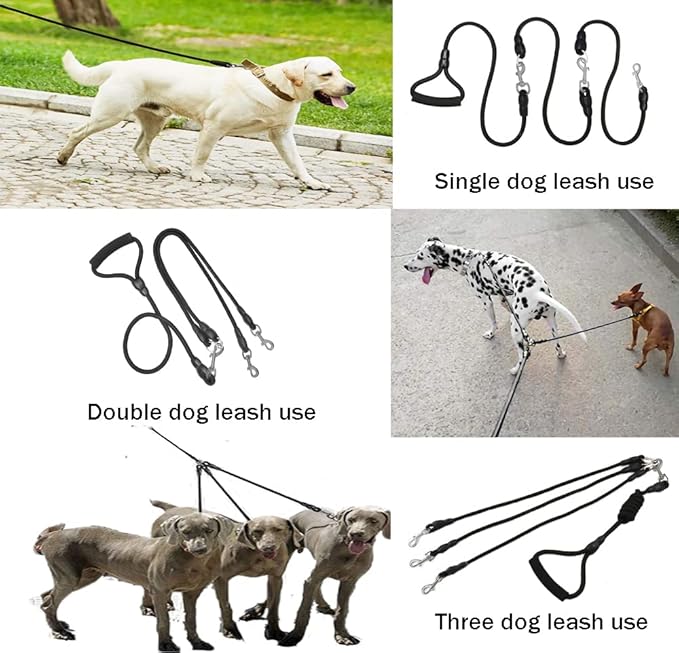 Heavy Duty 3 Dog Leash for Small Dogs No Tangle Detachable 360° Swivel Device with Padded Handle for Two/Three Pets