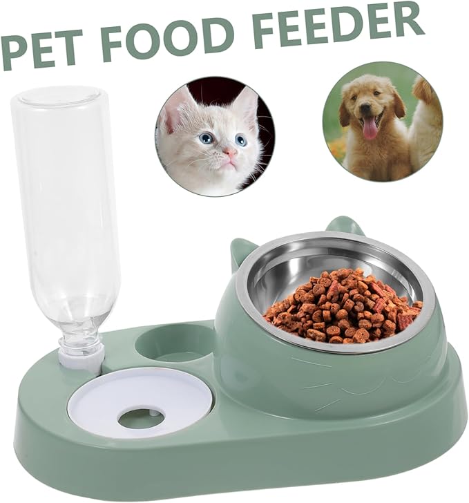 Automatic Pet Feeder and Water Dispenser Durable Dual Bowl and Cats Bite-Resistant with Stainless Steel for Home Use Dark Green Color