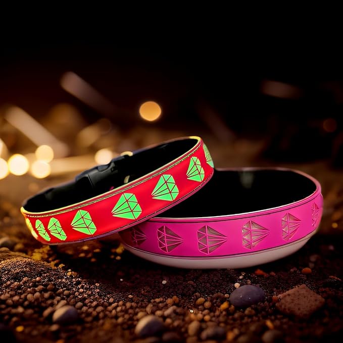 LED Dog Collar with Diamond Pattern, 15 Light Modes, with Bonus Pet ID Tag and Bell (Pink, L(15.7-19.7"))