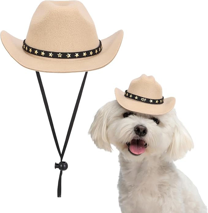 Dog Cowboy Hat, Mini Cowboy Hat for Pet with Chin Strap Adjustable Cosplay Cap, (Khaki, L), Intended for Dogs and Cats/Halloween Costume/Party Decoration