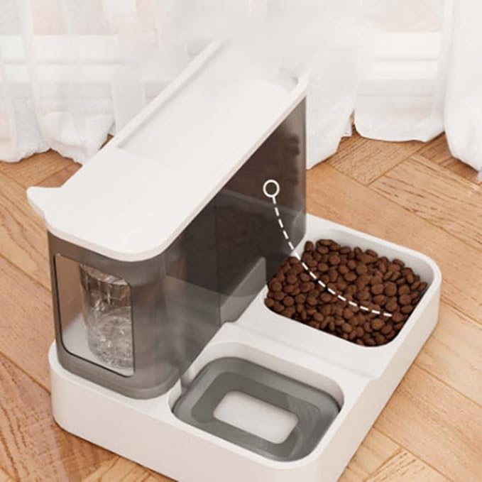 Automatic Dog Water Food Feeder, One Piece Design, Wet and Dry Separation with Transparent Window Large Capacity for Short Term Travel, Pet Water Food Dispenser (Gray)