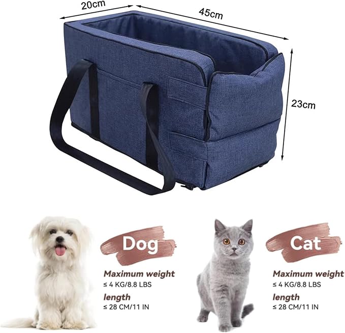 Pet Safety Booster Seat, Center Console Car Seat for Small Dogs Cats, Puppy Armrest Booster Seat, Pet Washable Travel Armrests Bed Bag, Removable Dog Car Seat for Small Pets Up to 13 Lbs (Navy Blue)