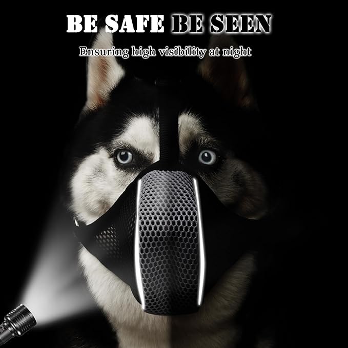 Mayerzon Dog Muzzle, Patented Mesh Soft Muzzles for Large Medium Small Dogs Poodle Husky Doberman Labrador Retriever for Scavenging Grooming Biting Chewing, Breathable Reflective Mussel with Collar