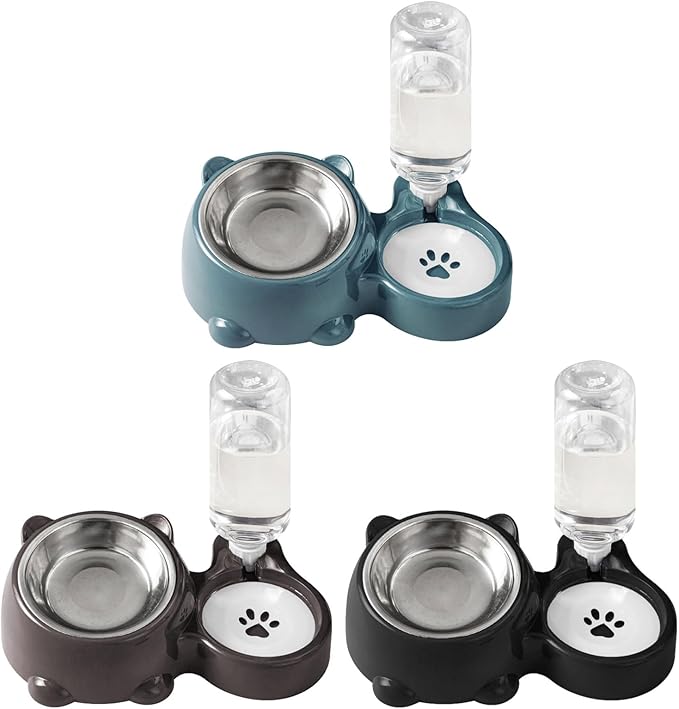 Anti Tip Pet Food Water Bowl Set Automatic Dispenser Bottle Detachable Metal Dish Ergonomic Raised Feeder for Cats Dogs Spill Dog Dish with Stainless Steel Bowl