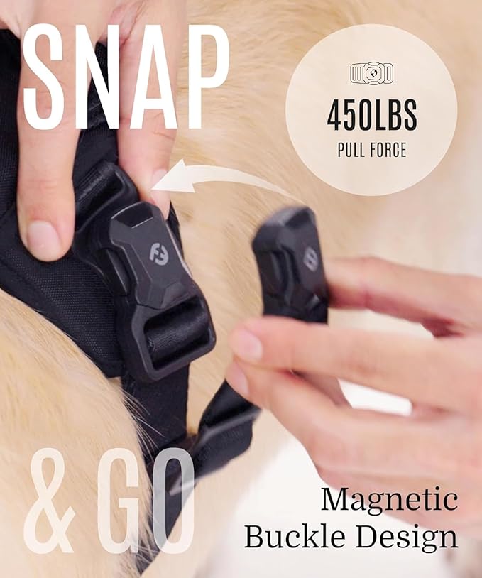 Fei & Eve MagEase Dog Harness - 3-Second Magnetic Buckles | 3-Point No-Pull Control | Heavy-Duty 900D Nylon | Dual Safety Handles | Breathable Mesh | Adjustable Fit | Large,Black