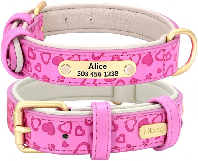 Personalized Dog Collar Soft Leather Custom Puppy Collar Printed Pitbull Collars Pets Products for Small Medium Large Dog Rose Red M