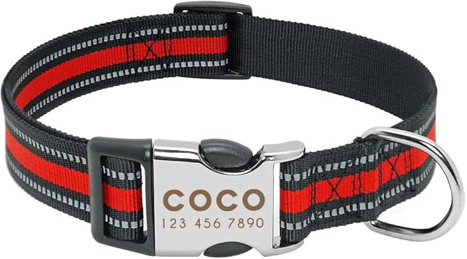 Custom Pet Dog Collar Leash Reflective Nylon Small Dog Puppy Collars Personalized Pitbull Medium Large Dog Collar Engrave Name Red L