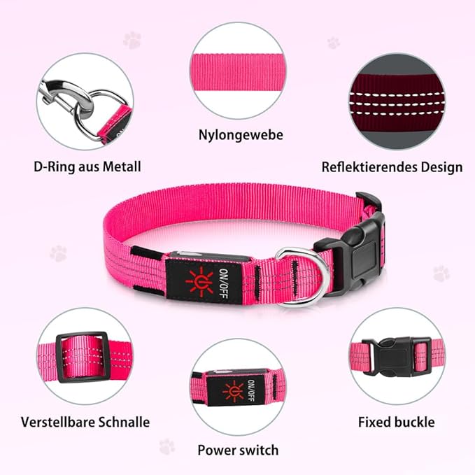 LED Dog Collar, Rechargeable Light Up Dog Collars, Reflective Safety Collar Light for Dogs Glow in The Dark (Pink, M)
