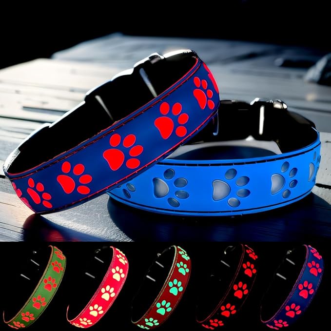 LED Dog Collar with Paw Print Design, 15 Light Modes, Waterproof, Includes Bone-Shaped Name Tag, Multiple Colors (Blue, XL(19.7-23.6"))