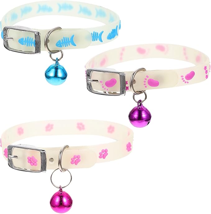 HEMOTON Fluorescent Pet Collar 3pcs Set with Fishbone, Human-Shaped Footprint Dog Paw Patterns, Silicone Night Anti-Lost Dog and Cat Collars for Safe Outdoor Walking Random Color