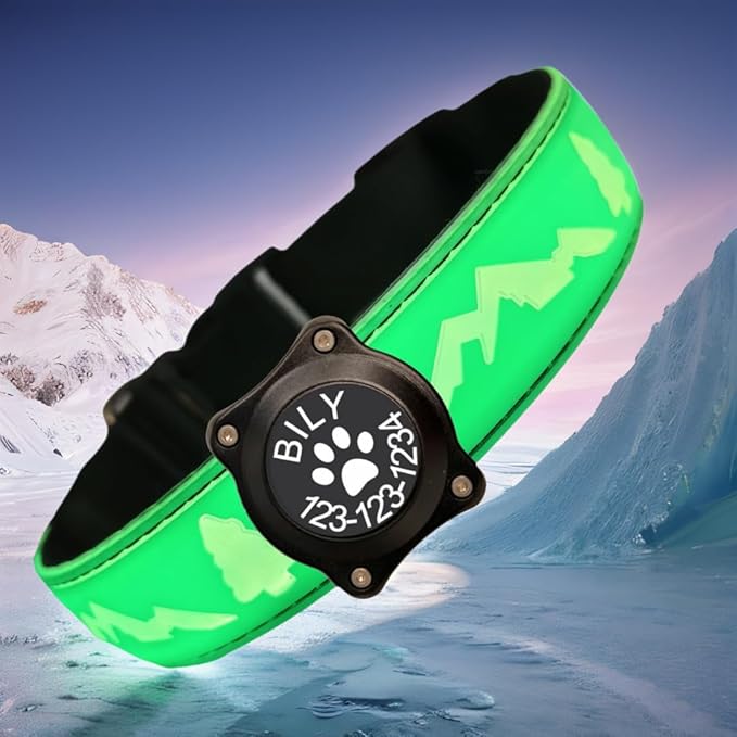 Customlized Name Flashing USB-C led Light up Dog Collar with airtag Holder, Subversive 3D Design Comfortable and Soft Material,Multicolored Lighting (Green, S(7.87-11.8"))