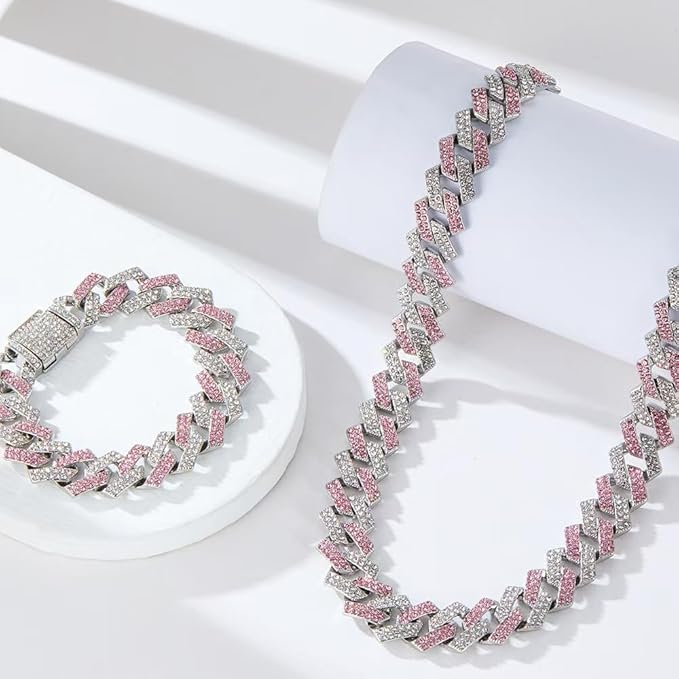 Pink Dog Chain Collar Diamond Cuban Link,Dog Necklaces Collar Rhinestone Bling Glitter Metal, Pet Jewelry for Puppy Small Medium Large Dogs (Pink 20inch)