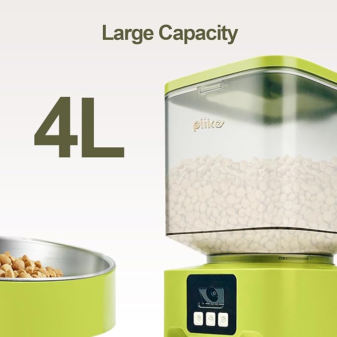 Plike Automatic Pet Feeder with Camera, WiFi Smart Pet Feeder with App Control (2.4G & 5G), 4L Capacity, 2-Way Audio & Night Vision, Anti-Clog Food Dispenser for Cats and Dogs
