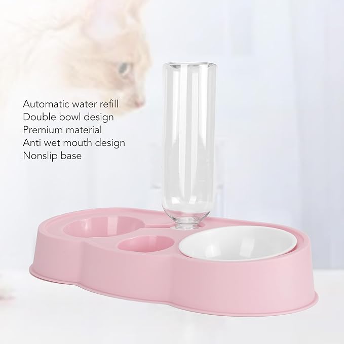 Pet Water and Food Bowl Set, Stable Prevent Slip Double Pet Bowls with Automatic Water Dispenser Bottle, Double Dog Cat Bowls Pet Feeding Bowls for Cats Small Dogs(Pink)
