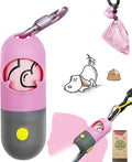 Dog Poop Bag Holder Dispenser with LED Flashlight - Night Visibility for Safe Evening Walks | Upgraded Hands-Free Leash Clip | Includes 15 Dog Waste Bags (Pink)