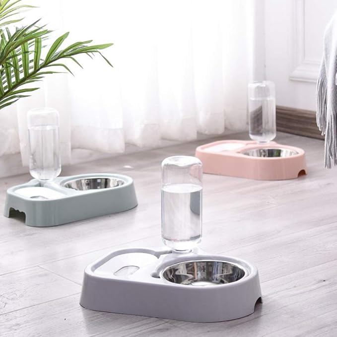 POPETPOP Dual Dog Bowls-Dog Water Dispenser Stainless Steel Pet Bowls No-Spill Station, Cat Food Water Feeder with Automatic Water Bottle-Pink
