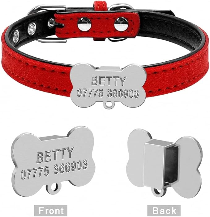 Personalized Chihuahua Collar for Small Dog Adjustable Padded Pet Collars with Bell for Small Medium Cat Dogs Red Bone XXS