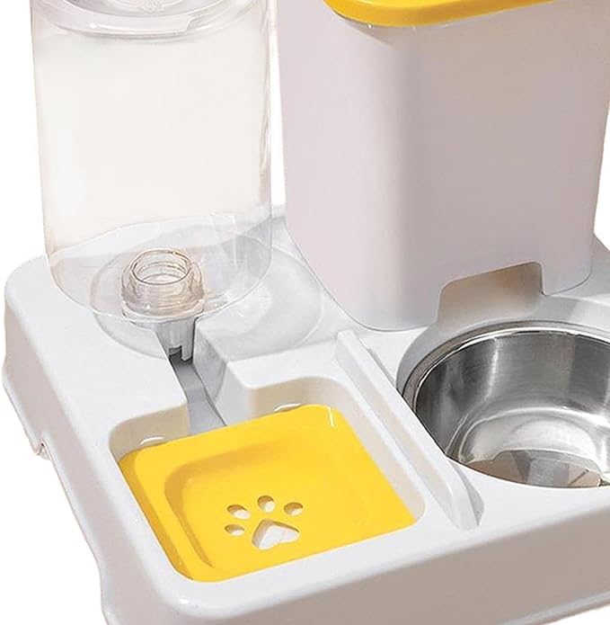 Automatic Dog Cat Feeder Dry and Wet Separation Smooth Surface Removable Eating and Drinking Bowl for Dogs Small Animal Puppy- Yellow White