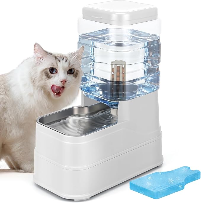 1.6 Gallon Pet Automatic Dog Water Dispenser Cat Gravity Waterer Feeder with Stainless Steel Bowl Large Capacity Puppy Feeding Raised Bowls with Filter,Ice Pack (White, 6L(1.6 Gallon))