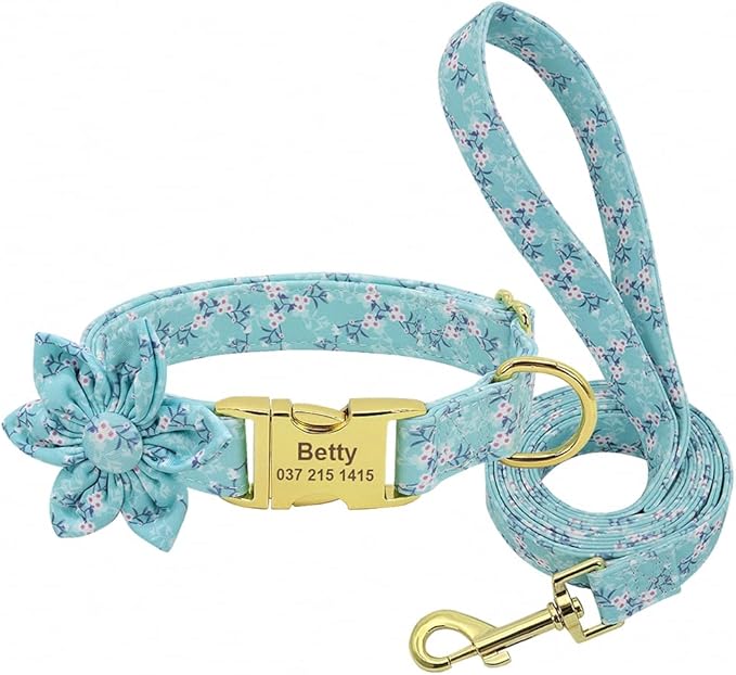 Flower Custom Dog Collar Leash Floral Printed Nylon Pet Dog Collars Lead Personalized Puppy Collars for Small Medium Large Dog 151 Green Set M