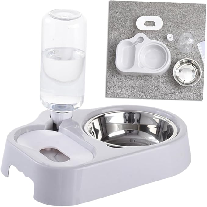 Pet Double Bowl for Cats and Dogs Automatic Water Feeder and Food Dish Grey Non-Skid Design Easy Feeding and Hydration