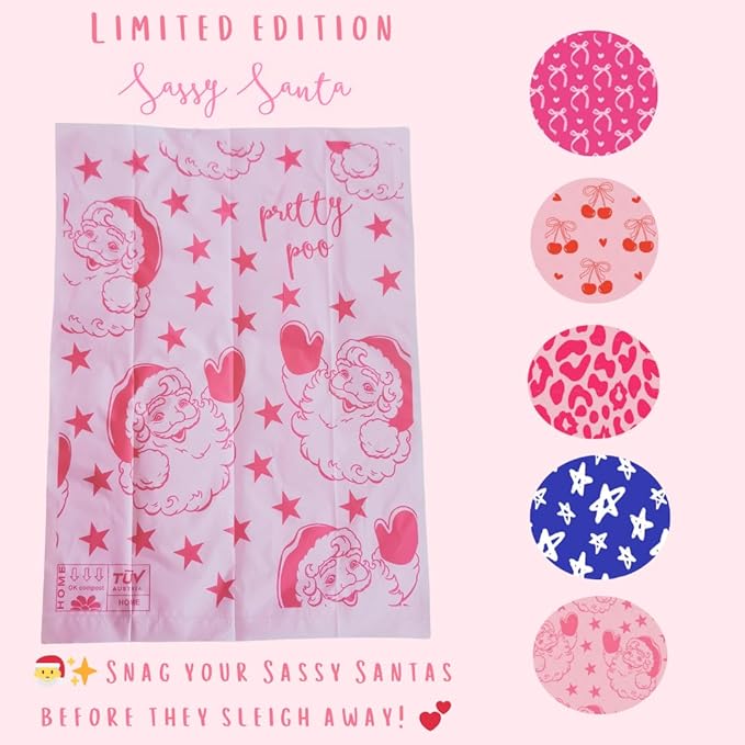Pretty Dog Poop Bags - 150 Count, Certified Home Compostable, Leakproof, Extra Thick, Tear Resistant, Pink, Vanilla Scented, Sassy Santa