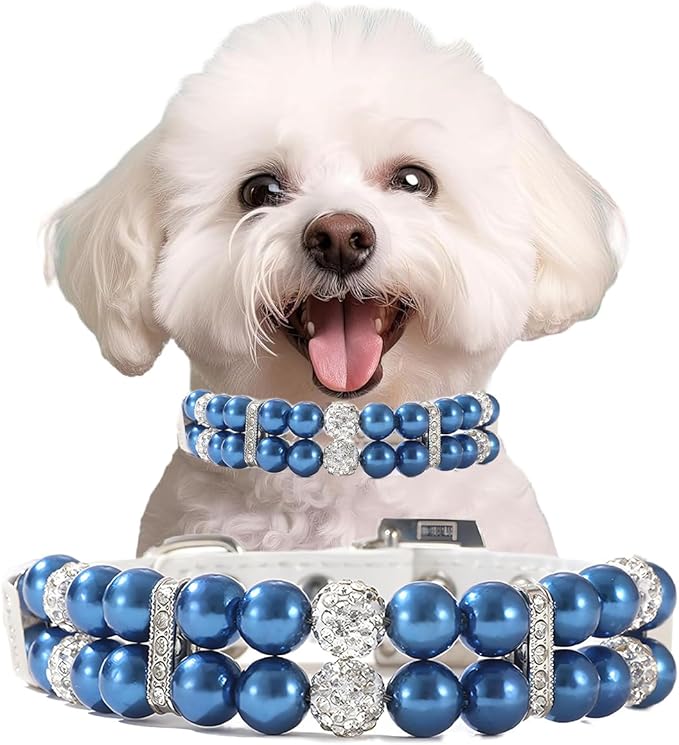 Blue Pearl Dog Collars, Beaded Cat Collar Pu Leather Puppy Necklace with Crystal Rhinestone Diamond for Girl Kitten XXSmall Small Medium Female Dogs Jewelry Wedding & Birthday Party, S
